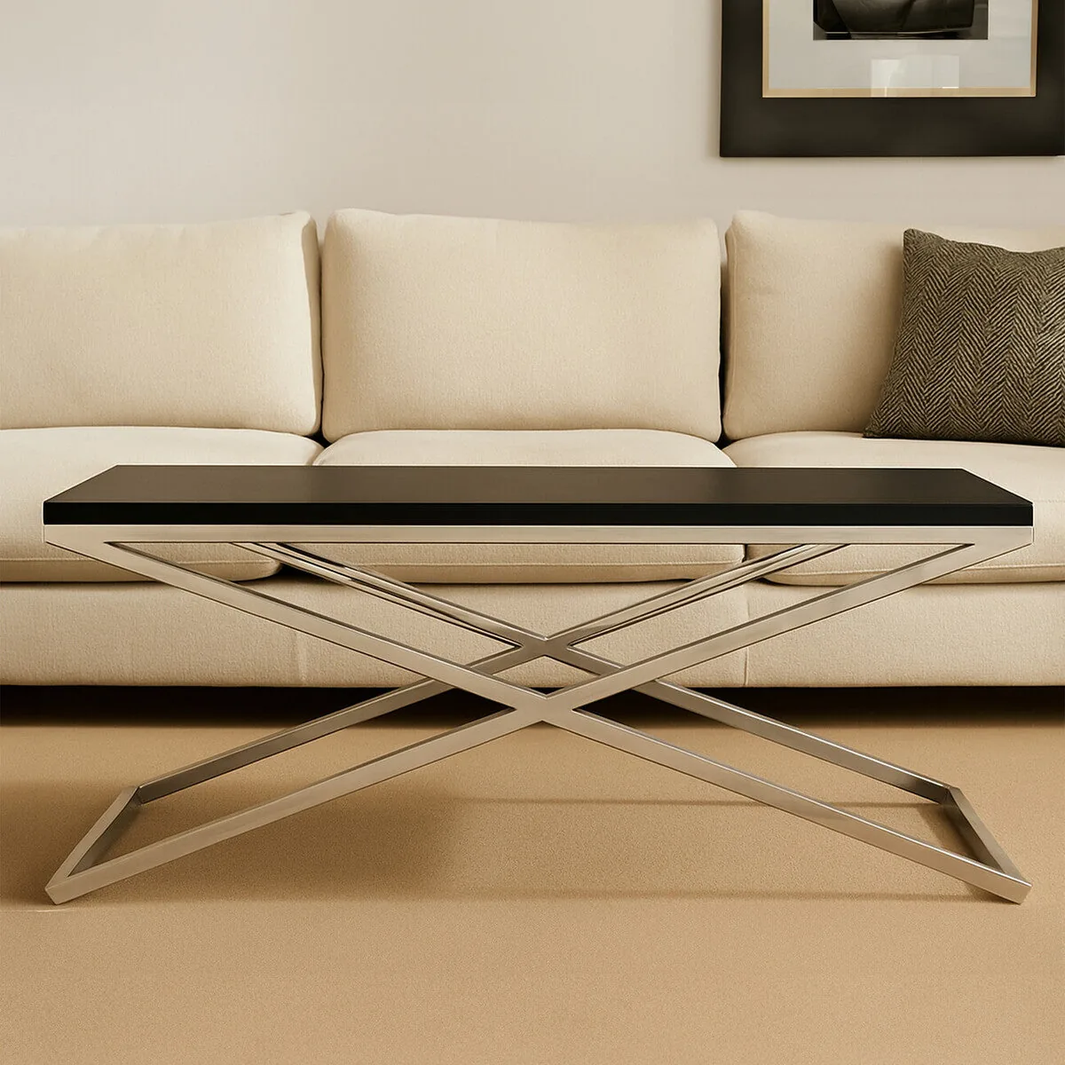 Black Coffee Table With Leather & Silver Crossed Steel Base, Tribute