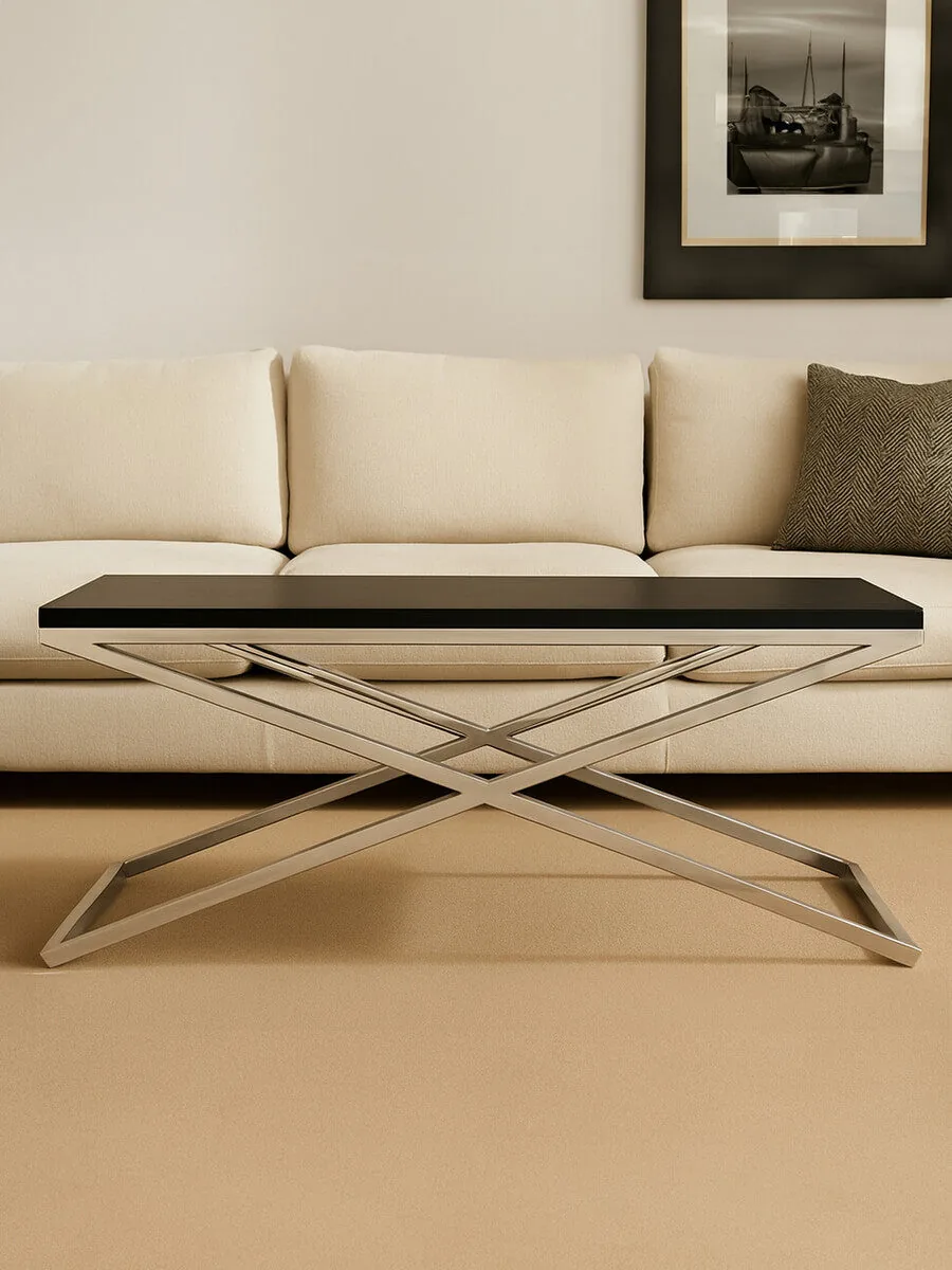 Black Coffee Table With Leather & Silver Crossed Steel Base, Tribute