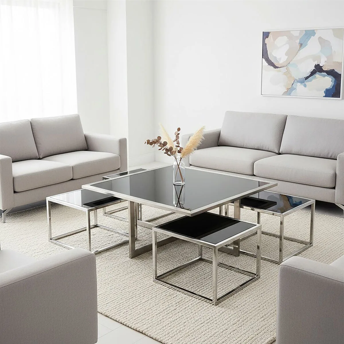 Black Tempered Glass Top & Silver Stainless Steel Frame Coffee Table With 4 Nesting Stools, Horizon