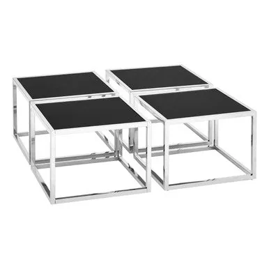 Black Tempered Glass Top & Silver Stainless Steel Frame Coffee Table With 4 Nesting Stools, Horizon