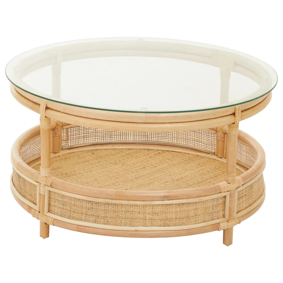 Clear Glass Top Natural Rattan Round Coffee Table With Lower Storage Shelf, Mataram