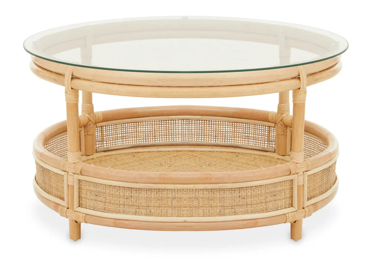 Clear Glass Top Natural Rattan Round Coffee Table With Lower Storage Shelf, Mataram