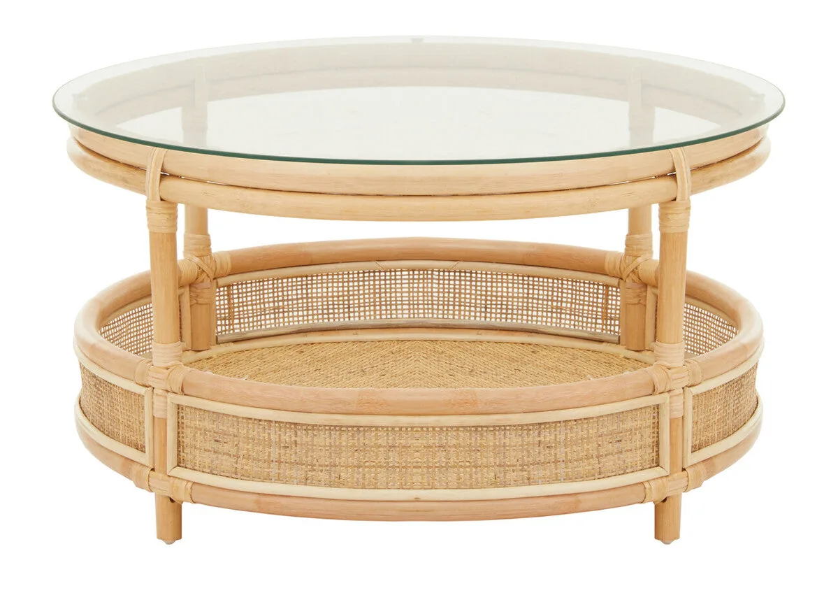 Clear Glass Top Natural Rattan Round Coffee Table With Lower Storage Shelf, Mataram