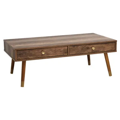 Brown Wood Veneer Coffee Table With 2 Drawers & Angular Wooden Legs, Frida
