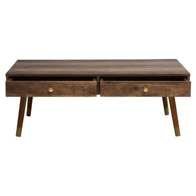 Brown Wood Veneer Coffee Table With 2 Drawers & Angular Wooden Legs, Frida