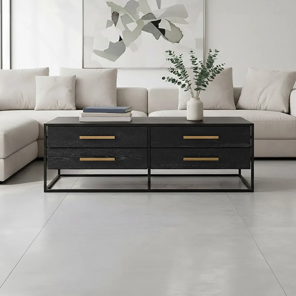 Black 4-Drawer Coffee Table With Metal Handles & Iron Frame, Judd
