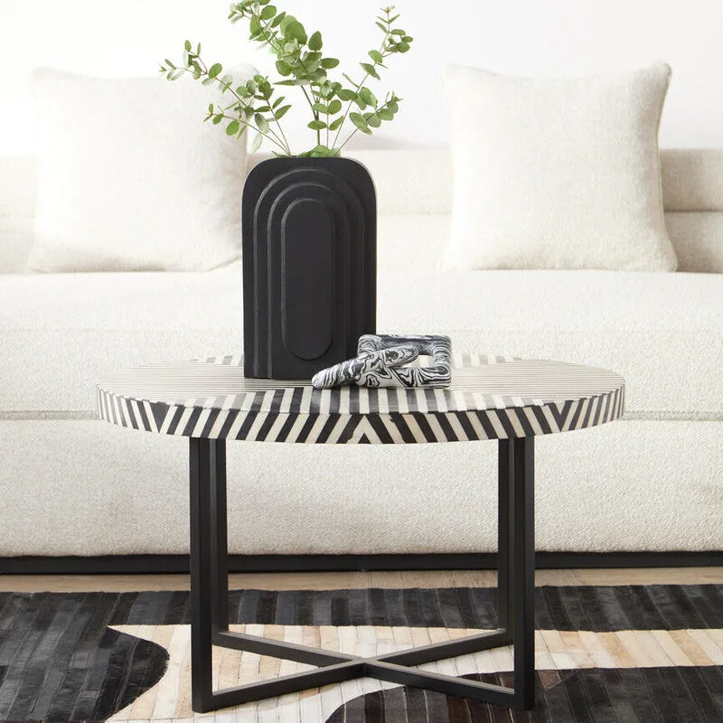 Black & White Top Bone Inlay Coffee Table With Black Metal Legs, Boho