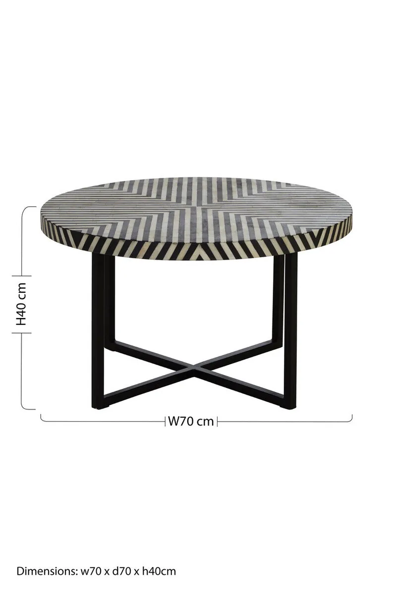 Black & White Top Bone Inlay Coffee Table With Black Metal Legs, Boho