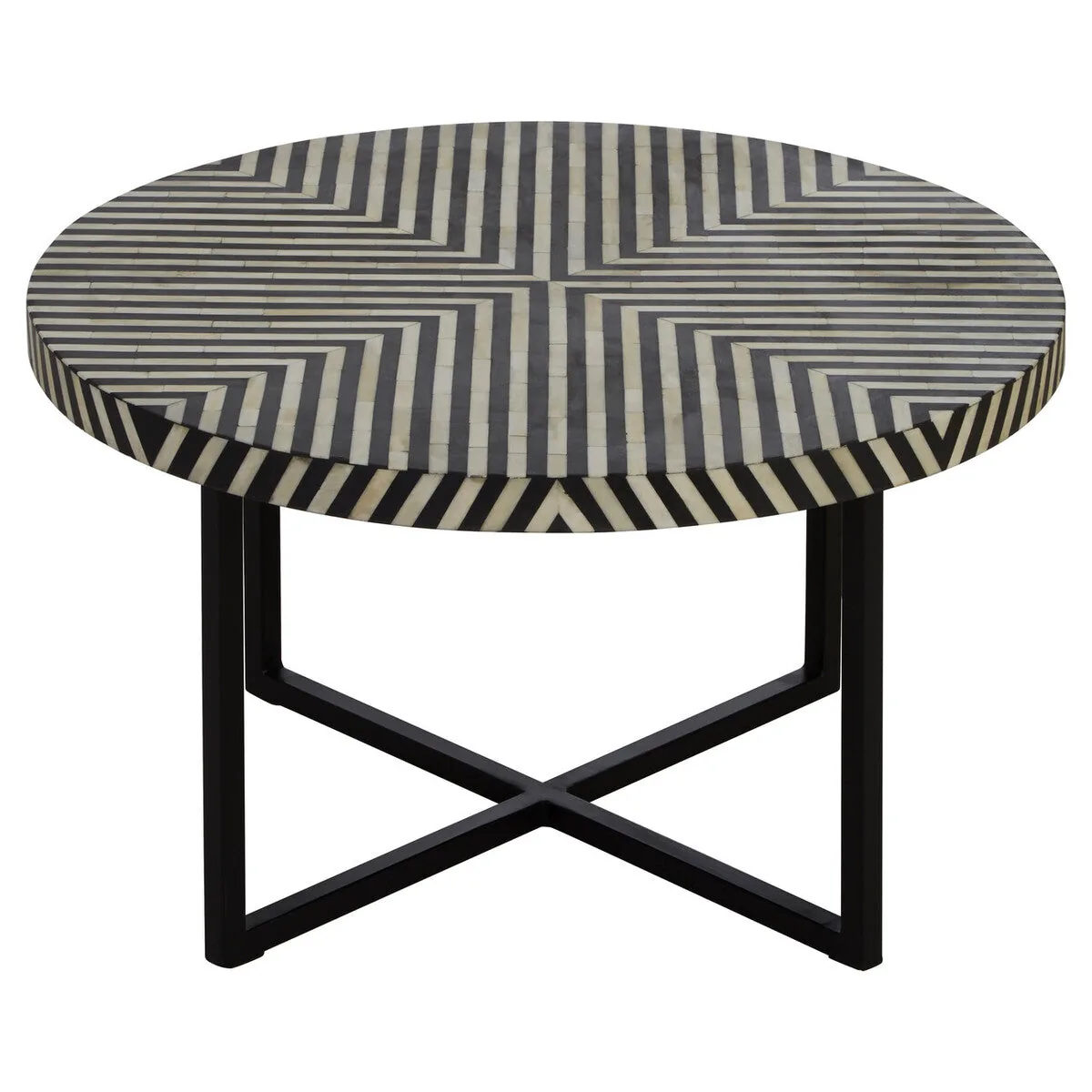 Black & White Top Bone Inlay Coffee Table With Black Metal Legs, Boho