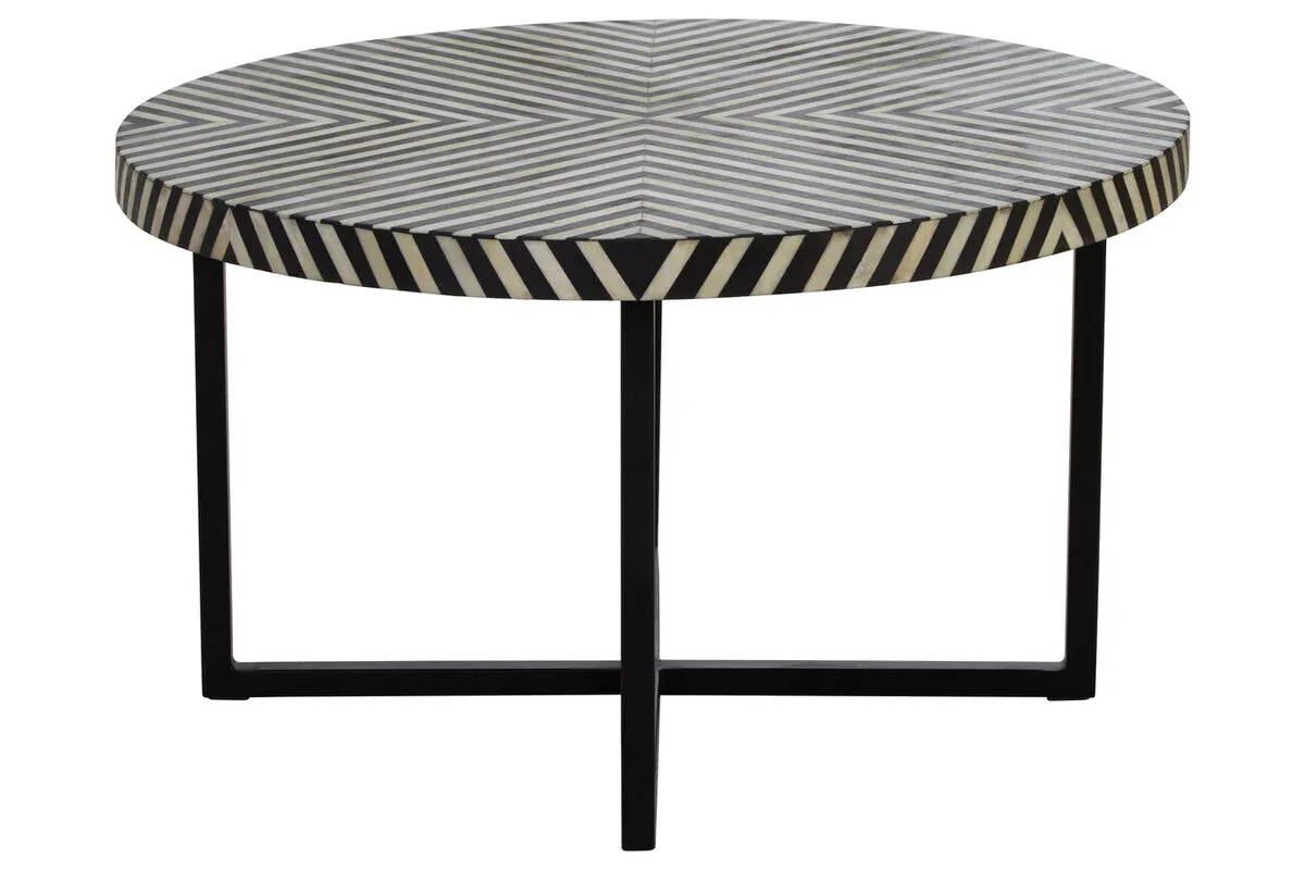 Black & White Top Bone Inlay Coffee Table With Black Metal Legs, Boho