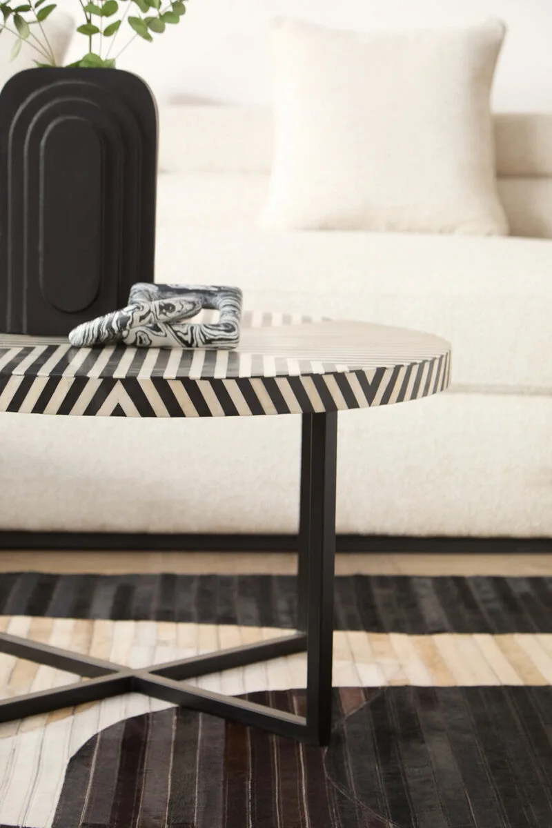 Black & White Top Bone Inlay Coffee Table With Black Metal Legs, Boho