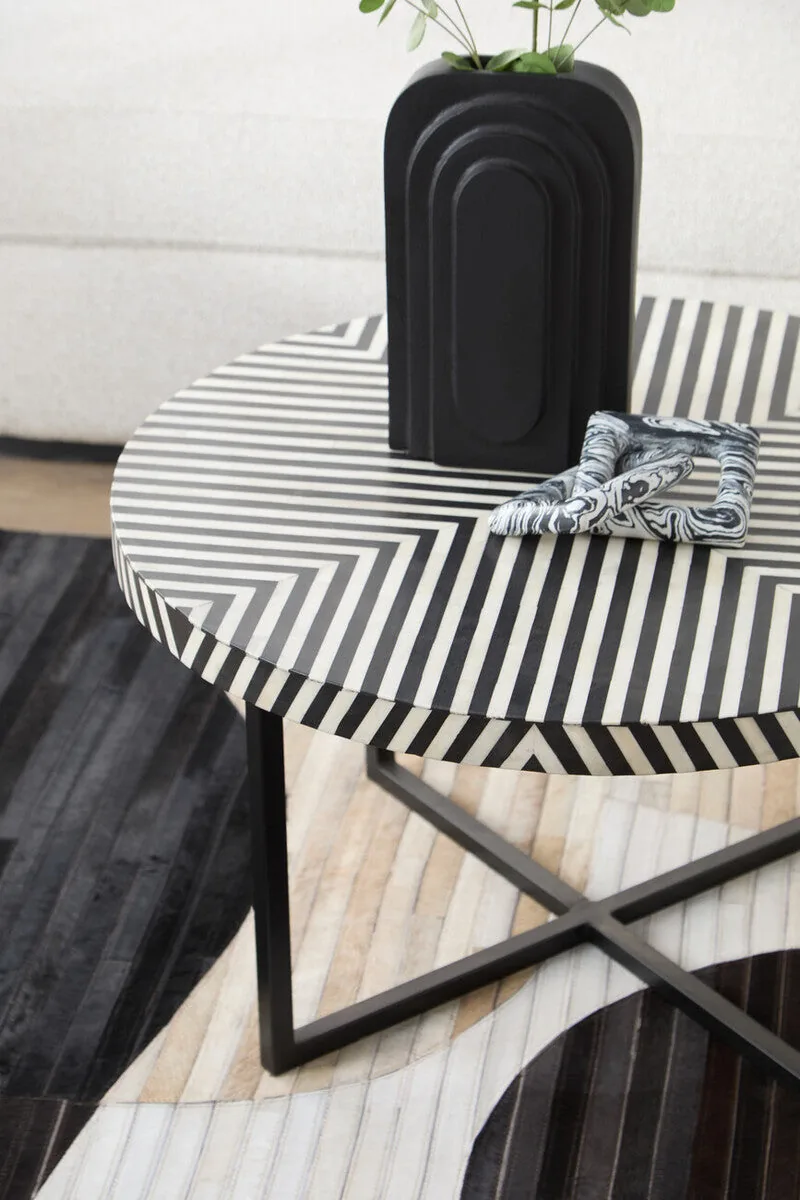 Black & White Top Bone Inlay Coffee Table With Black Metal Legs, Boho