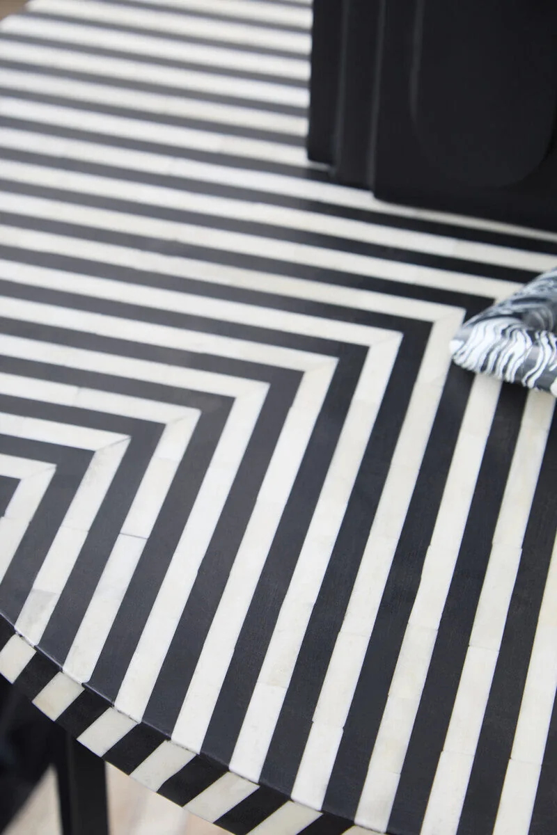 Black & White Top Bone Inlay Coffee Table With Black Metal Legs, Boho