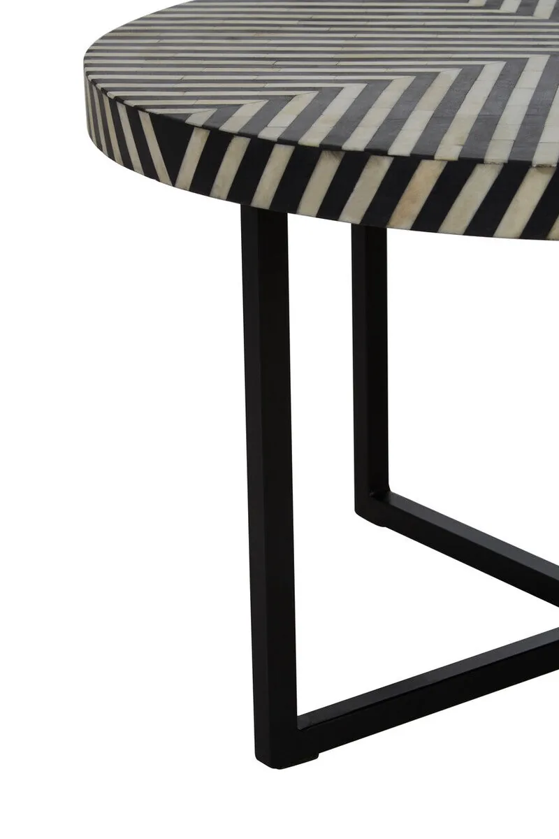Black & White Top Bone Inlay Coffee Table With Black Metal Legs, Boho