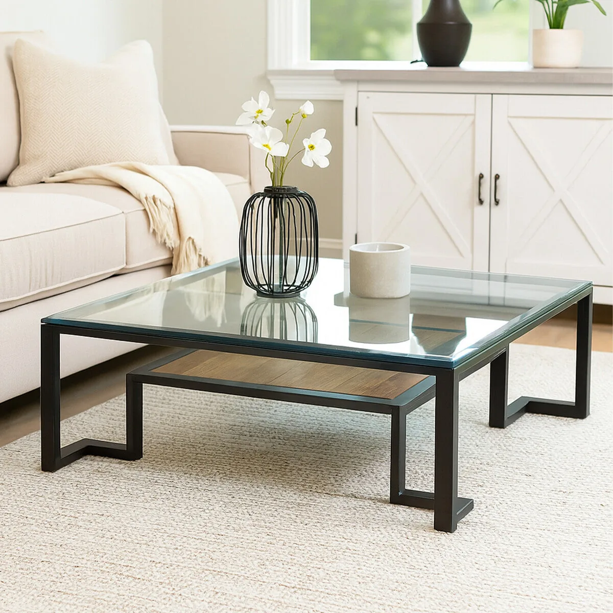 Black Wooden Frame & Glass Top Coffee Table With Shelf, Cibo