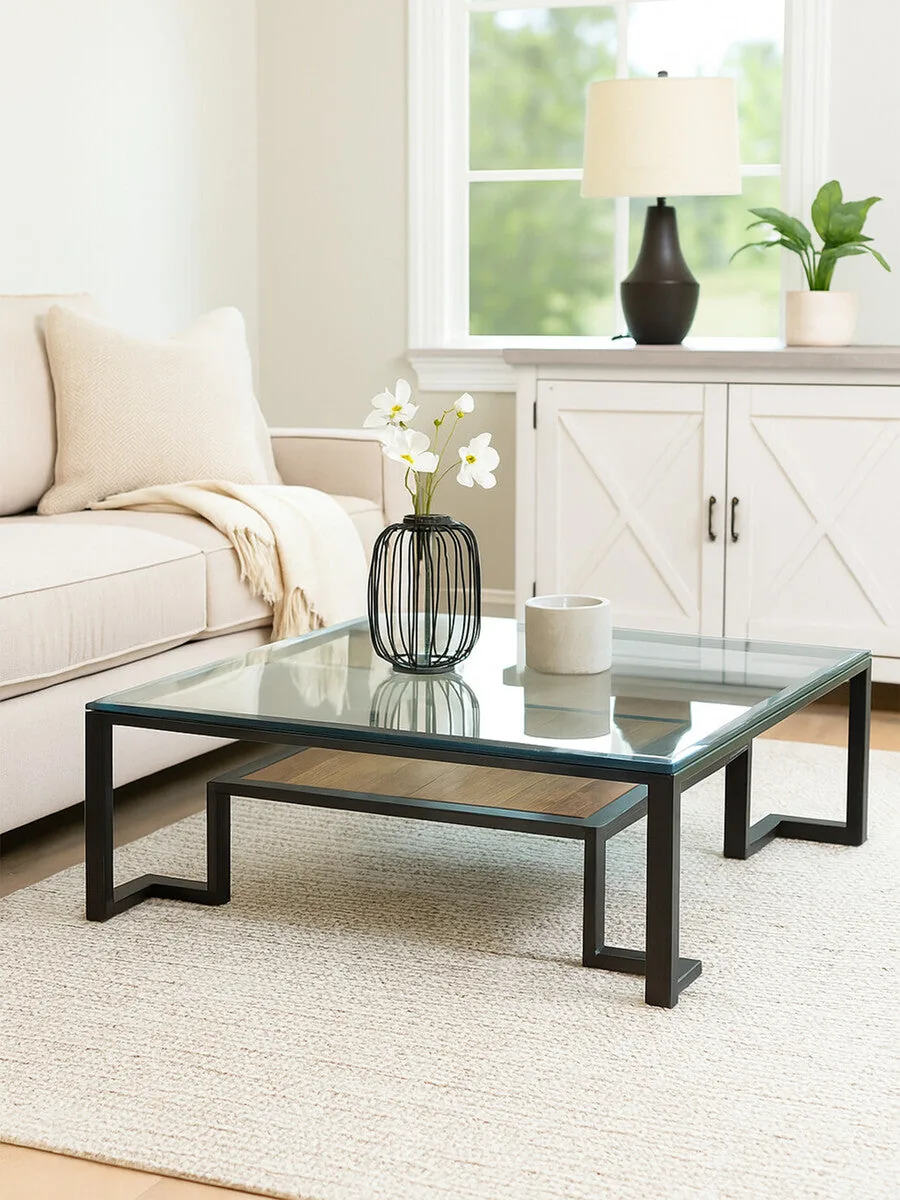 Black Wooden Frame & Glass Top Coffee Table With Shelf, Cibo