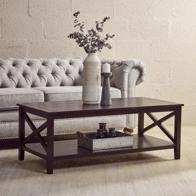 Black Wooden Coffee Table With Lower Shelf & X Frame Side Panels, Heritage