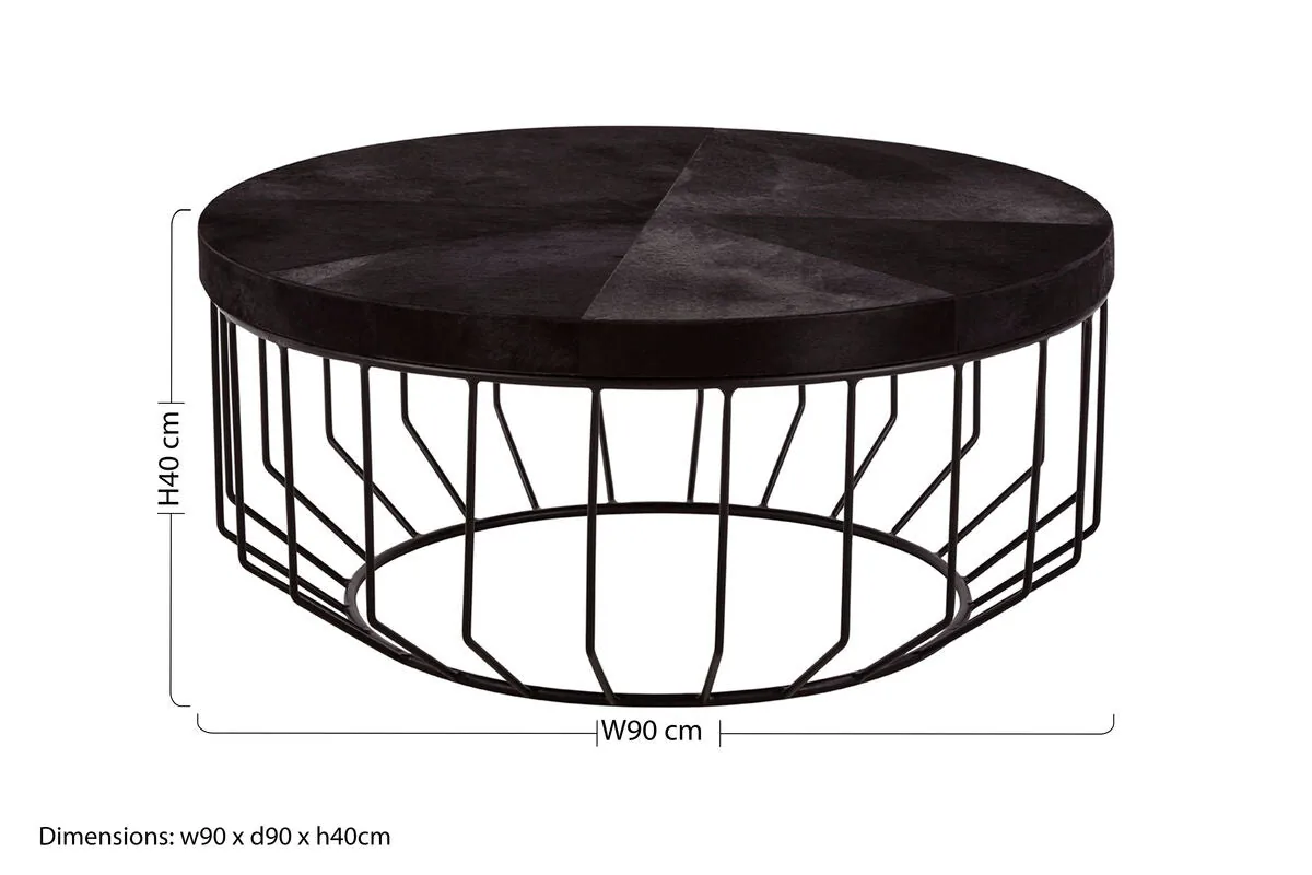 Black & Silver Hair-On-Hide Top Round Coffee Table With Black Frame, Kensington Townhouse