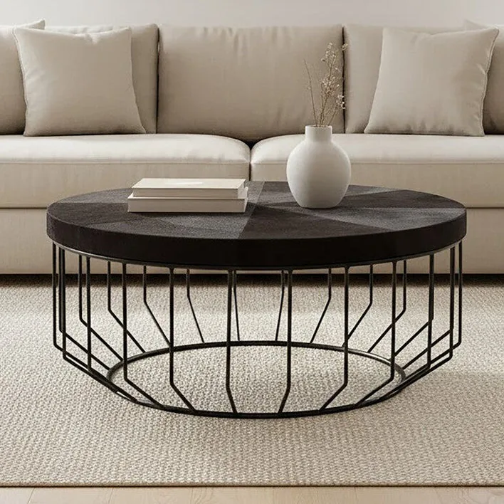 Black & Silver Hair-On-Hide Top Round Coffee Table With Black Frame, Kensington Townhouse
