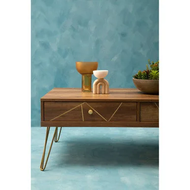 Brown Wood Top 2-Drawer Coffee Table With Hairpin Legs, Flori