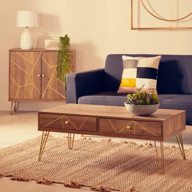 Brown Wood Top 2-Drawer Coffee Table With Hairpin Legs, Flori