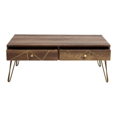 Brown Wood Top 2-Drawer Coffee Table With Hairpin Legs, Flori