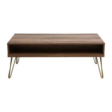 Brown Wood Top 2-Drawer Coffee Table With Hairpin Legs, Flori
