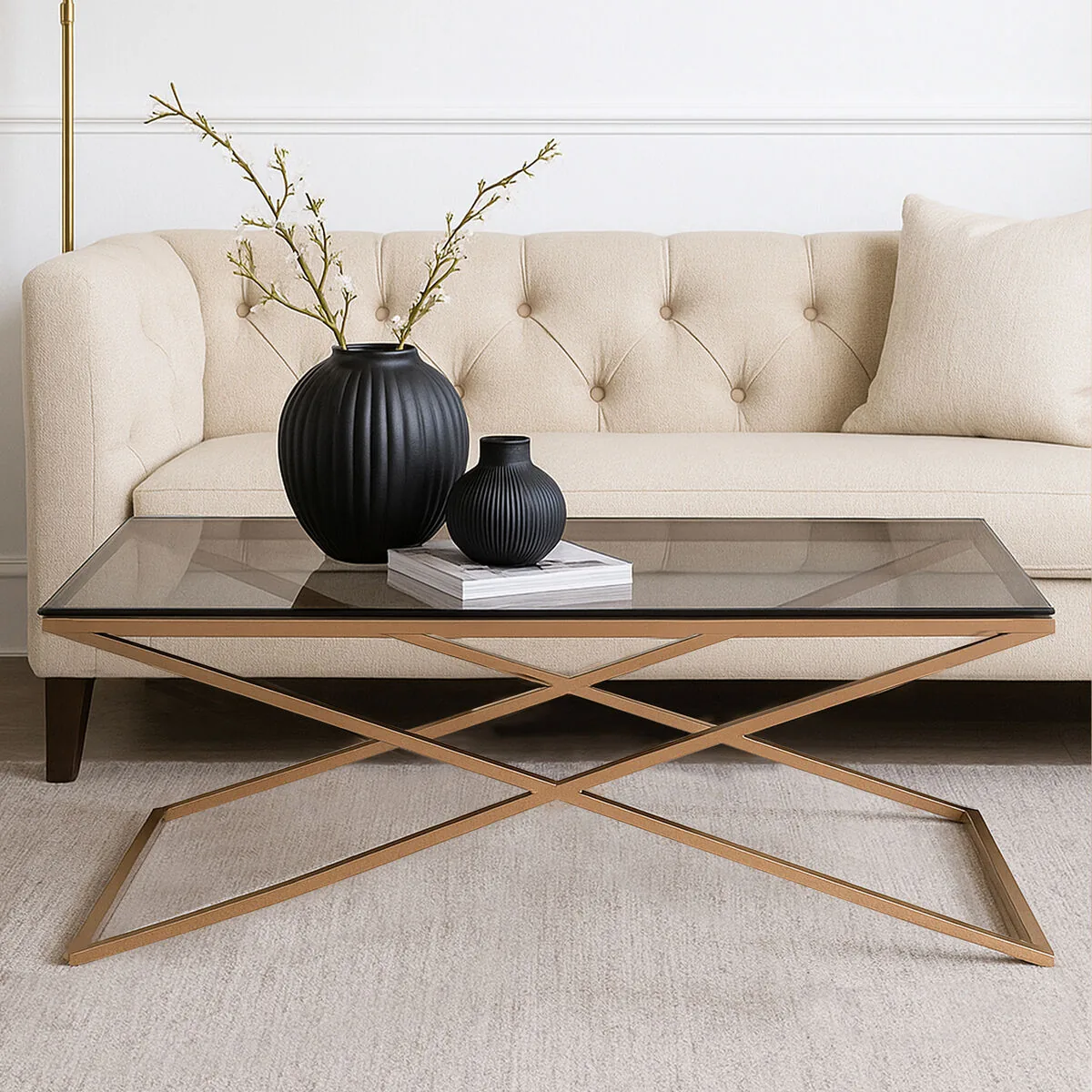 Black Glass Top & Gold Criss Cross Base Coffee Table, Montril