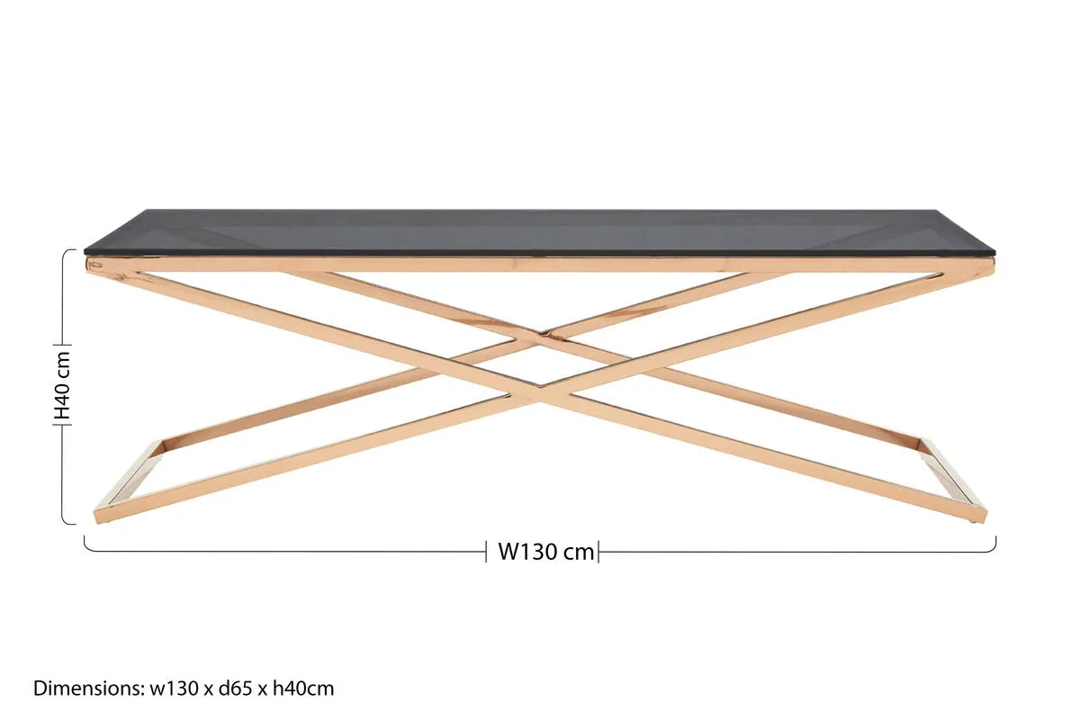 Black Glass Top & Gold Criss Cross Base Coffee Table, Montril