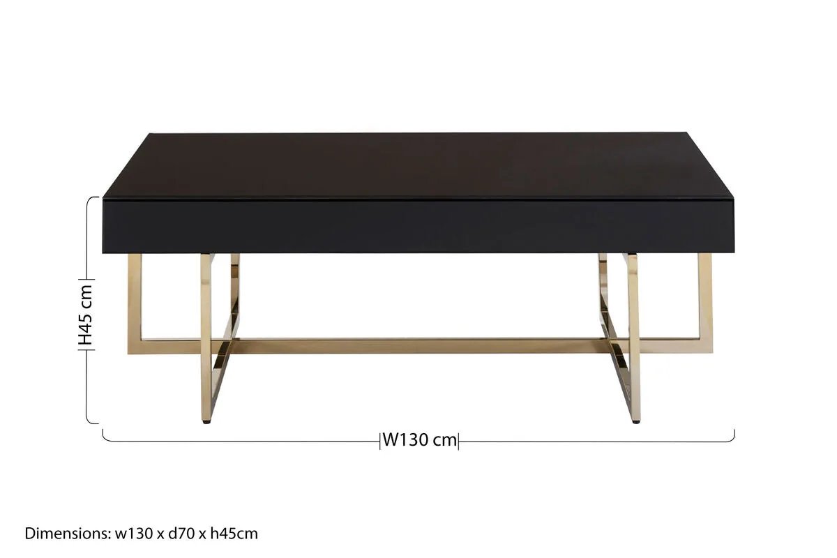 Black Mirrored Top Coffee Table With Gold Stainless Steel Frame, Ragusa