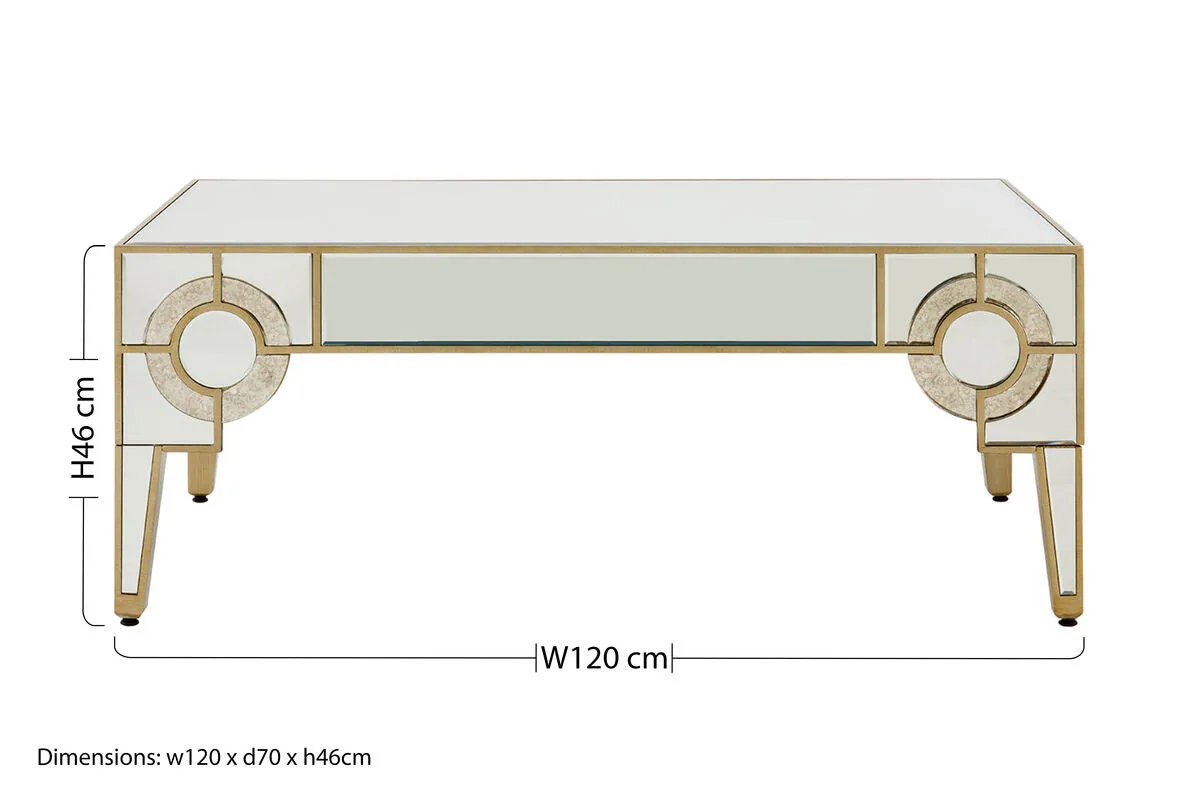 Antique Motif Mirrored Glass Coffee Table With Natural Gold Tone Border, Knightsbridge