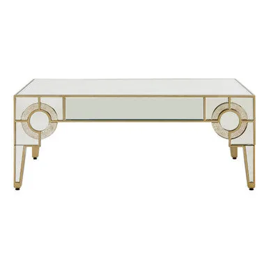 Antique Motif Mirrored Glass Coffee Table With Natural Gold Tone Border, Knightsbridge