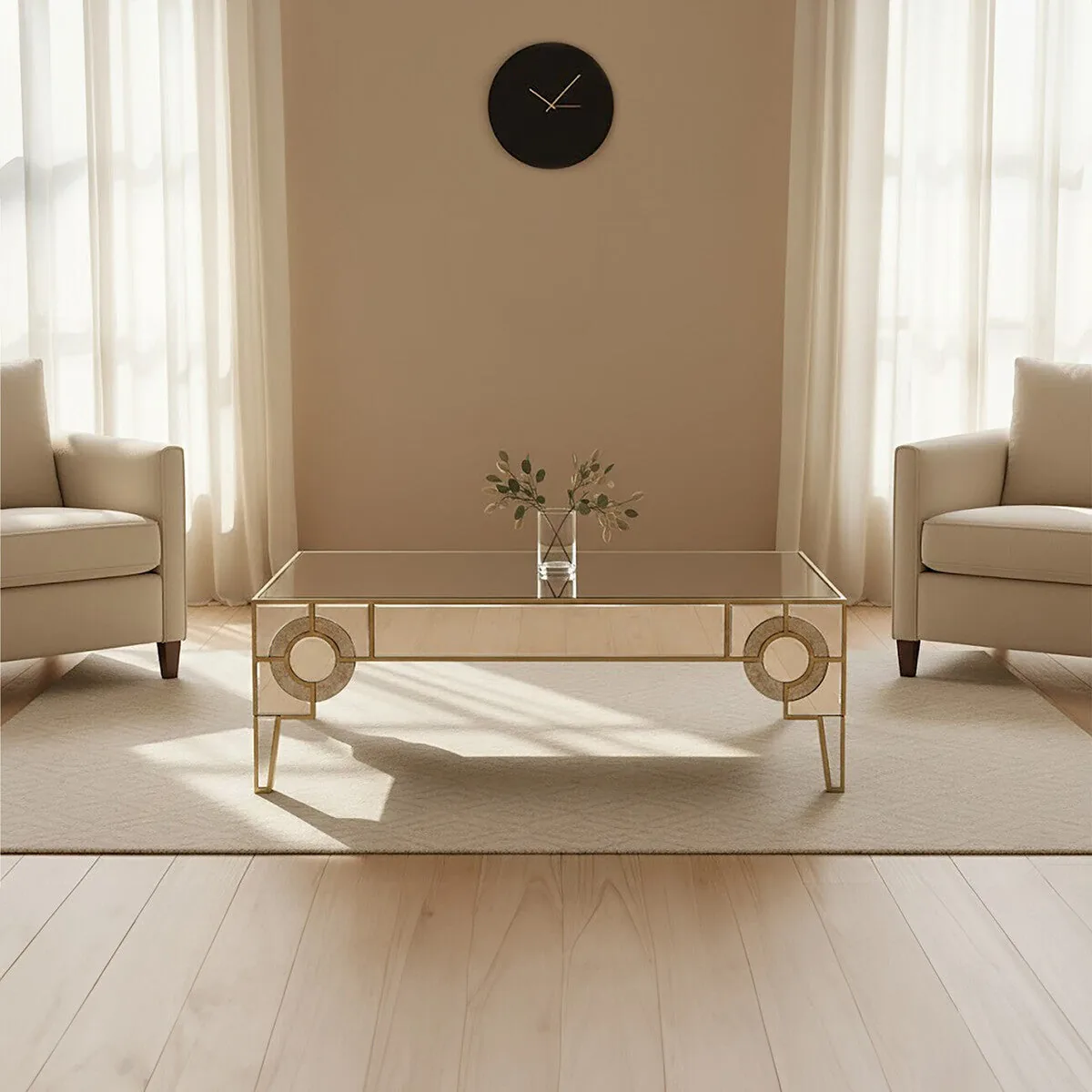 Antique Motif Mirrored Glass Coffee Table With Natural Gold Tone Border, Knightsbridge