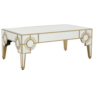 Antique Motif Mirrored Glass Coffee Table With Natural Gold Tone Border, Knightsbridge
