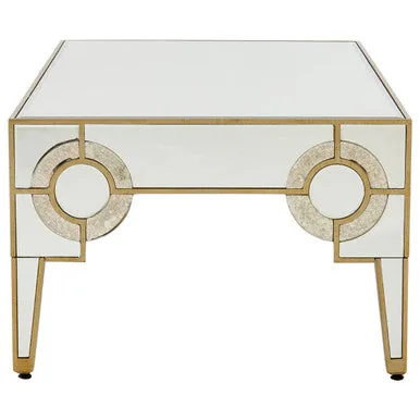 Antique Motif Mirrored Glass Coffee Table With Natural Gold Tone Border, Knightsbridge