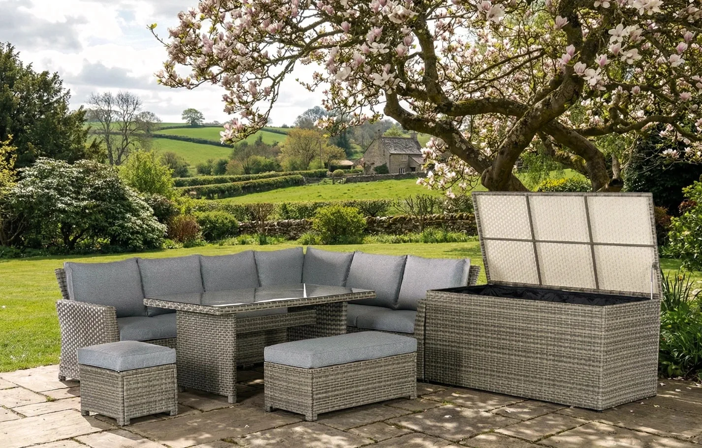 Palma Grey Rattan Garden Lounge Set, Cover and Cushion Box Bundle