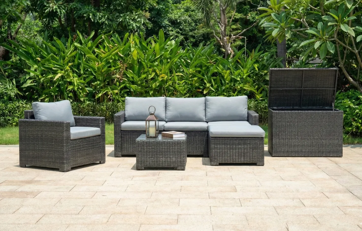 Marbella Grey 5 Seater Chaise Garden Sofa Set and Cushion Box Bundle