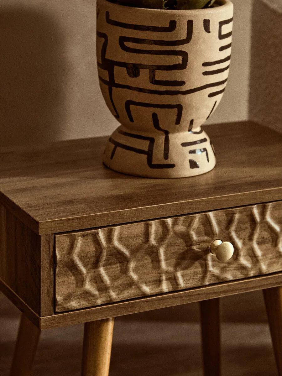 Natural Brown Wood Bedside Table With 1 Drawer & Angular Legs, Frida