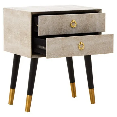Natural Shagreen 2-Drawer Bedside Table With Gold Accents & Black Angular Legs, Cadio