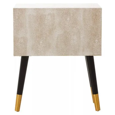 Natural Shagreen 2-Drawer Bedside Table With Gold Accents & Black Angular Legs, Cadio