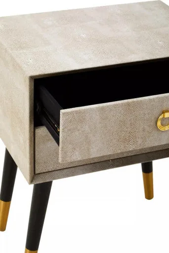 Natural Shagreen 2-Drawer Bedside Table With Gold Accents & Black Angular Legs, Cadio