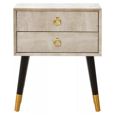 Natural Shagreen 2-Drawer Bedside Table With Gold Accents & Black Angular Legs, Cadio