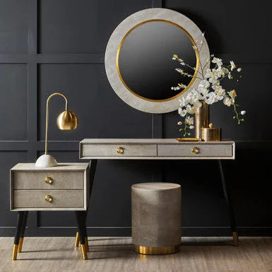 Natural Shagreen 2-Drawer Bedside Table With Gold Accents & Black Angular Legs, Cadio