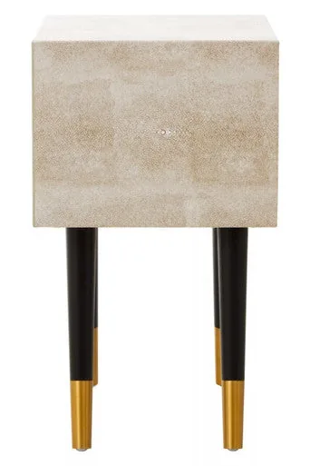 Natural Shagreen 2-Drawer Bedside Table With Gold Accents & Black Angular Legs, Cadio