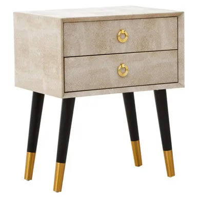 Natural Shagreen 2-Drawer Bedside Table With Gold Accents & Black Angular Legs, Cadio