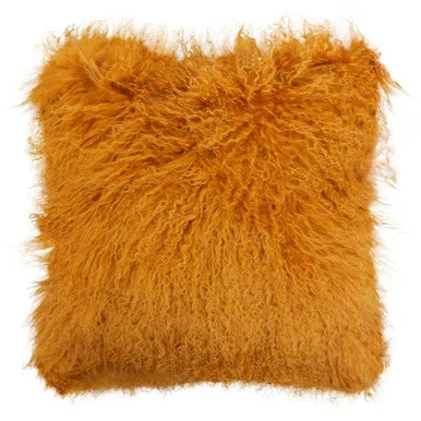 Bosie Real Mongolian Fur Ochre Square Cushion