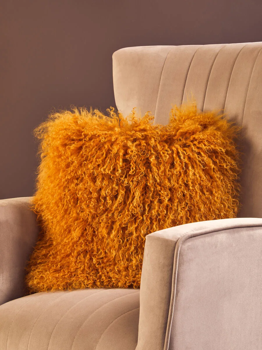 Bosie Real Mongolian Fur Ochre Square Cushion
