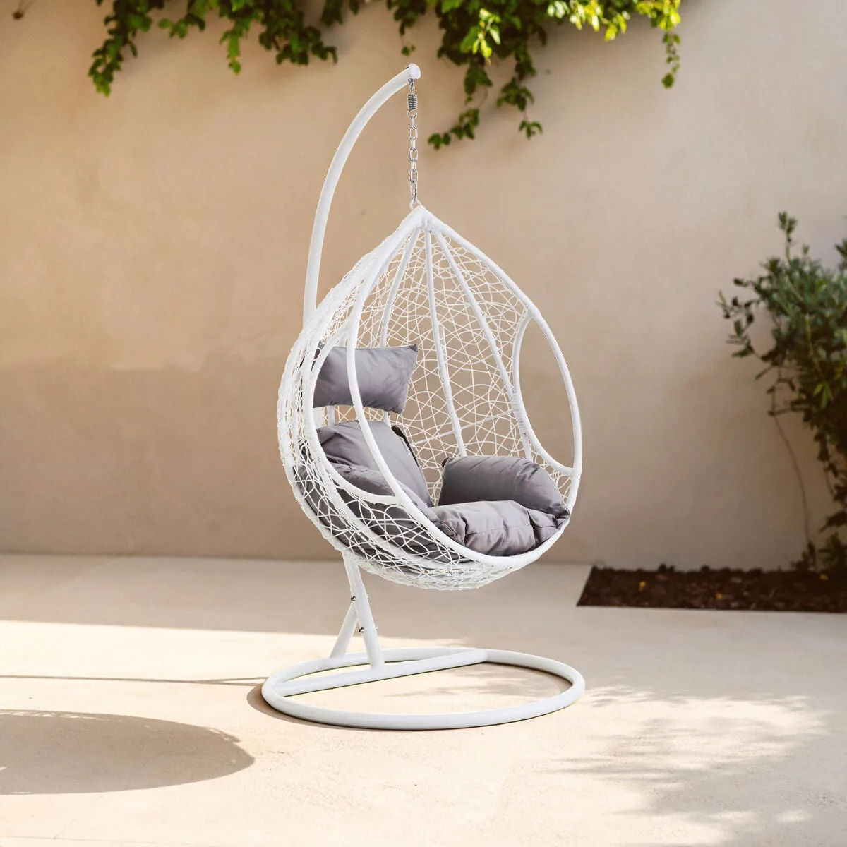 Goa White Rattan Hanging Chair With Grey Cushions