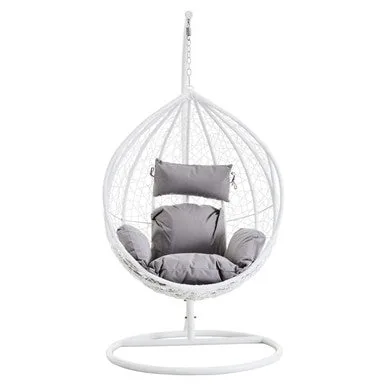 Goa White Rattan Hanging Chair With Grey Cushions