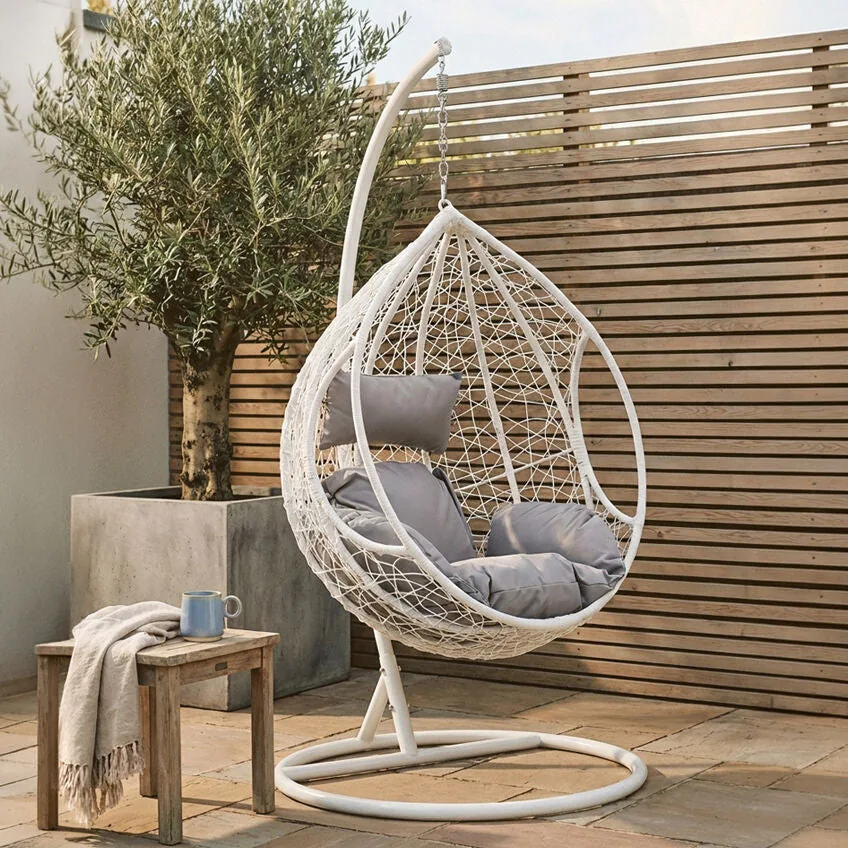Goa White Rattan Hanging Chair With Grey Cushions